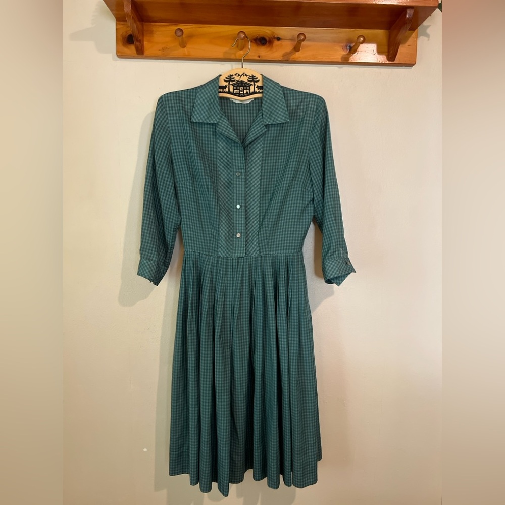 💚Charming Cottagecore Vintage Dress💚Green Gingham 1950s